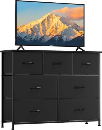 Комод Somdot з висувними ящиками, тканинний комод, комод для спальні, вітальні, прихожої, шафа для зберігання, 5 тканинних ящиків, білий колір, штучна шкіра (чорний, 30T x 100B x 74.5H см (7 ящиків))