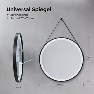 Круглий дзеркало для ванної кімнати з підсвічуванням 60см, LED, диммування, сенсорне управління, чорна рама, знімна стрічка, 70x70 см, 3 кольори світла