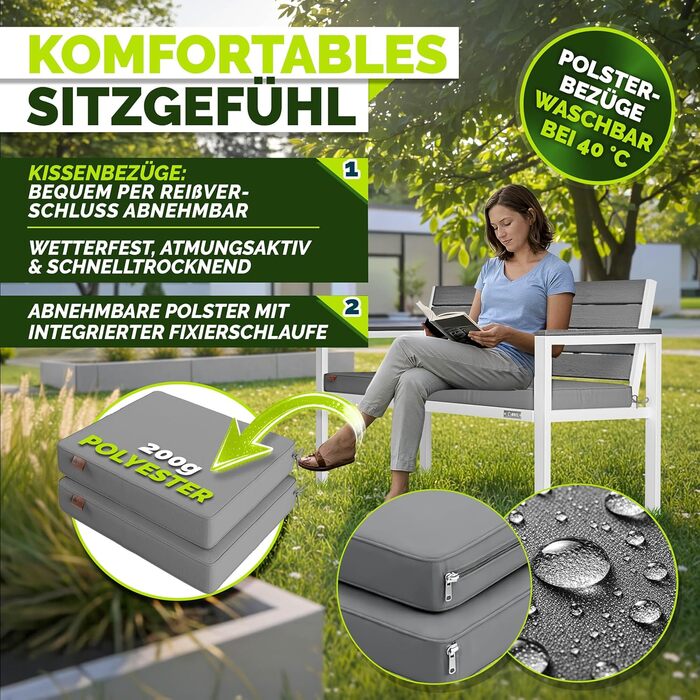 Садова лавка Tillvex® 3-4 місця з подушками та чохлом, вулична, стійка до погодних умов, деревоподібна, до 300 кг, сіро-біла (130 см)