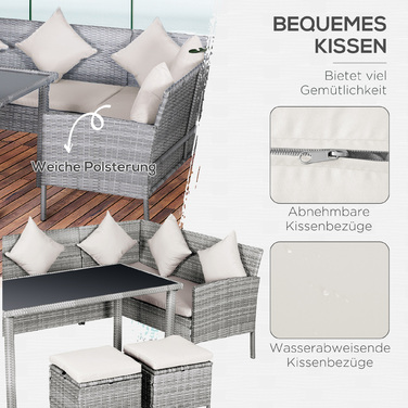Набір садово-патіо меблів на 5 місць, ротанговий комплект з пуфами, металевий каркас, сірий колір, розміри 142 x 60 x 75 см