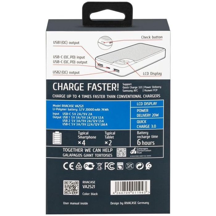 Вт, LCD, 1 вхід, 3 виходи, USB-C, сумісний з iPhone/Samsung/Huawei, 2585 30000mAh, QC/PD 20