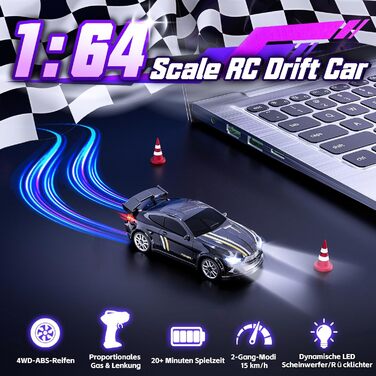 RC Дрифт-кар Mini Drift 1/64 з LED підсвіткою, 2 режими швидкості, чорний. Радіокерована іграшка для дітей та дорослих з перешкодами та килимком для перегонів