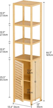 Висока тумба для ванної кімнати HITNET, 67 дюймів бамбук, 4 полиці, 1 дверцята, окремо стояча, для невеликих приміщень (натуральна)