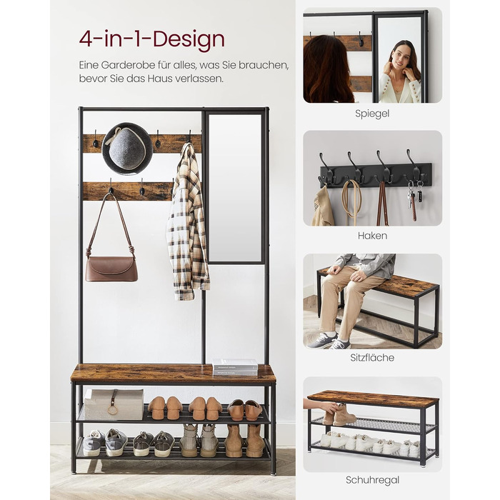 Дзеркало-вішалка VASAGLE HSR415B01 з банкеткою, полицею для взуття, гачками, 35 x 98 x 180 см, для прихожей, спальні, вітальні, індустріальний стиль, вінтажний коричневий + чорний