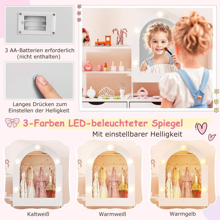 Детський туалетний столик COSTWAY 2-в-1 зі стільчиком та дзеркалом, з LED-підсвіткою, з шухлядами, для дівчаток 3-7 років, колір білий