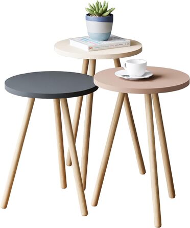 Гніздовий стіл Hjørring в комплекті з 3 шт. Журнальний стіл круглий Стіл для вітальні Журнальний столик Журнальний столик 49 x Ø34 см Диванний стіл (сірий/білий/рожевий)