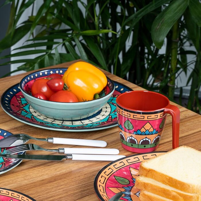Набір посуду з меламіну Тоскана Пастель на 4 особи - BUNT - дизайн Мандала, 16 частин. Підходить для миття в посудомийній машині, кемпінгу, подорожей, пікніків та вечірок.