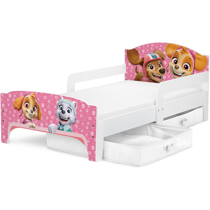 Ліжко дитяче Leomark Paw Patrol Smart - дерев'яне, 70x140 см, з текстильними ящиками, білий/рожевий колір