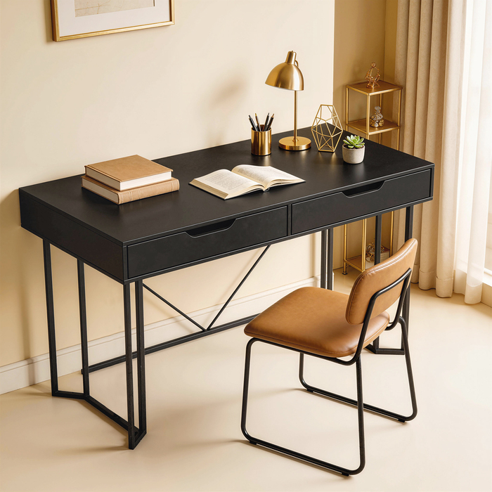 Компактний комп'ютерний стіл з 2 висувними ящиками, письмовий стіл з великою робочою поверхнею 120 x 60 x 77 см, чорного кольору