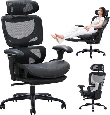 Органічний офісний крісло COLAMY з підніжкою, 3D підлокітниками, підголівником, підтримкою попереку та дихаючою сіткою - для офісу та дому, чорний