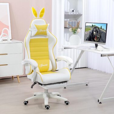 Крісло геймерське Vinsetto Reclining Racing з підголівником та підтримкою попереку, PU шкіра, комп'ютерне, з підніжкою та регульованими вушками, жовте