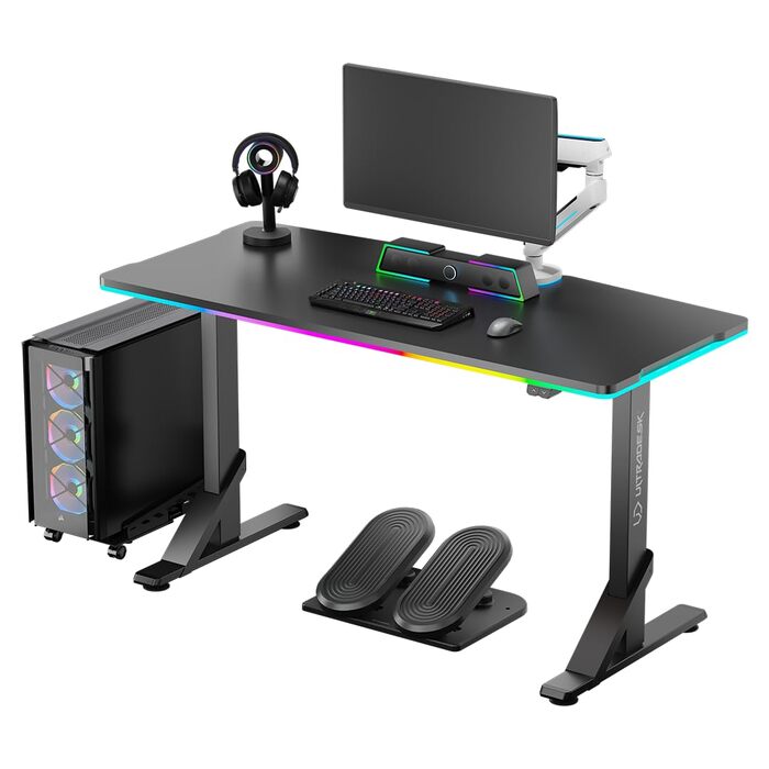 ULTRADESK - Стол для геймінгу Iron - Механічний регульований стіл з RGB підсвічуванням, чорний