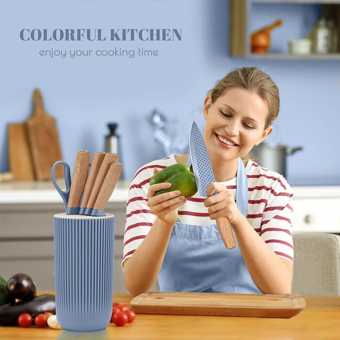 Набір кухонних ножів, 6 предметів, чорний, гострий, з антипригарним покриттям, нержавіюча сталь, з підставкою (блакитна)