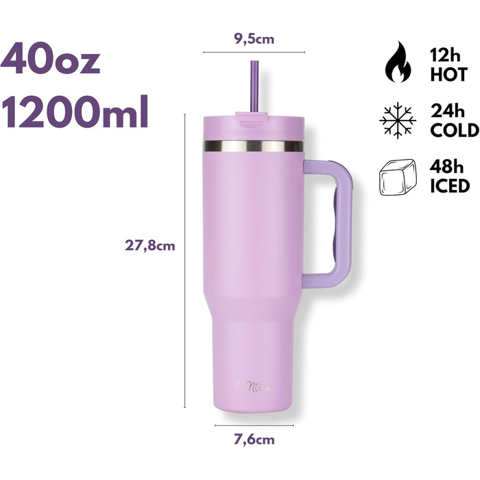 Термокружка Milu 1200 мл з трубочкою та ручкою – подарунок на Пасху для жінок та чоловіків | Подарунок тато, мама, друг, подруга | Подарунок на День батька, День матері | Подарунок для дідуся та бабусі (ліловий)