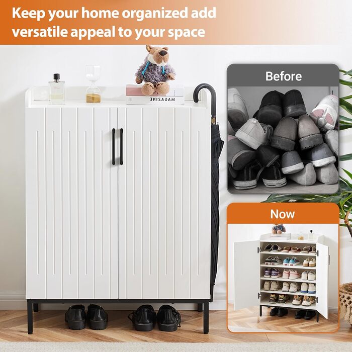 Шафа для взуття 5-ярусна в стилі ф armhouse з 2 дверцятами, самостійна шафа для взуття з регульованими полицями та металевими кутовими прикрасами для передпокою та коридору, білий, білий, білий (сучасний білий, білий)