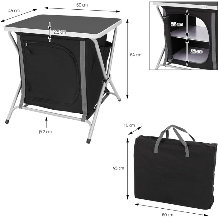 Кемпінгова шафа складна, сірий/дерев'яний, 64/97,5 см, кемпінгова кухня з алюмінієвим каркасом, кухонний ящик переносний зі стільницею, 2/3 полиці та сумка для перенесення, зовнішня шафа тканинна розкладна шафа сіра - 60 x 64 x 45 см