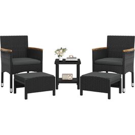 Садовий набір меблів Yaheetech з ротангу для балкона та тераси 5 предметів: 2 крісла, 2 пуфи, столик (чорний/сірий)