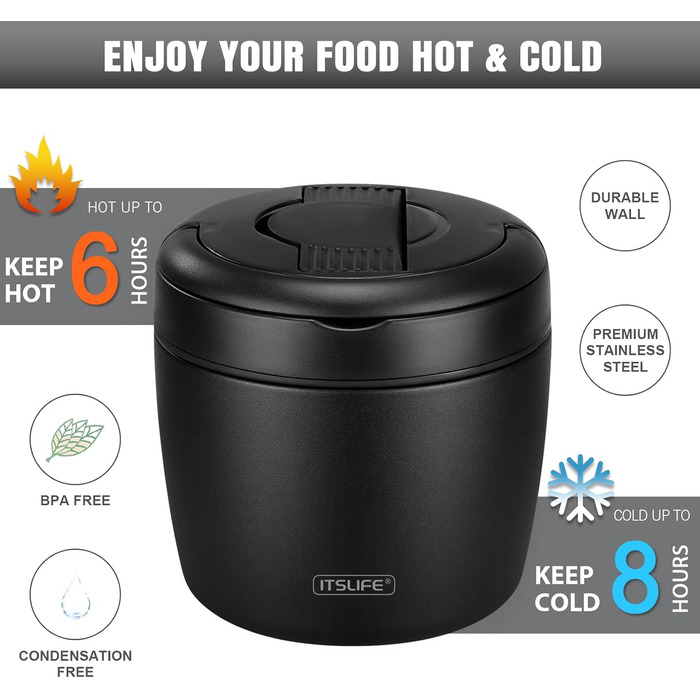 Термоконтейнер для їжі Itslife 970мл, термоконтейнер з кришкою, з нержавіючої сталі з ложкою, термотермос для їжі, ланч-бокс для супів, дитячого харчування, каші (зелений) (чорний)