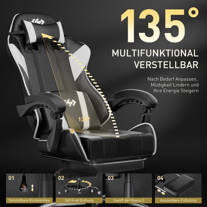 Геймінговий крісло HLONONE, ергономічний ігровий крісло з кишеньковим пружинним матрацом, гоночний крісло для геймерів з підніжкою, підтримкою попереку, регульоване офісне крісло, вантажопідйомність 150 кг, PC крісло (Чорно-білий)