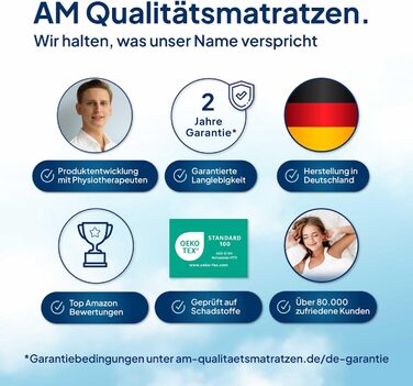 Преміум-матрац з підтримкою шиї AM, регульована висота, ефект охолодження, чохол з Tencel, Made in Germany, сертифікат Oeko-TEX, з гелевим та віскоеластичним шарами, білий