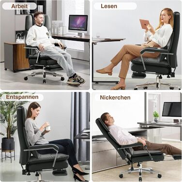 Ергономічне крісло для офісу, шкіра PU, крісло для керівника, 200 кг, з підніжкою та підтримкою попереку, для дому/офісу, регульоване, висока спинка, чорне, 1 шт.