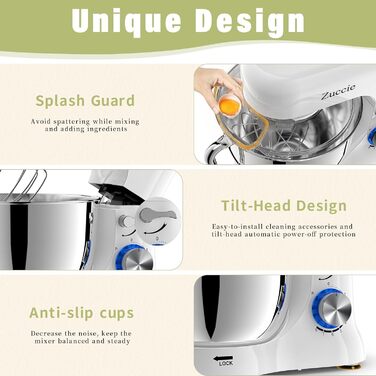 Кухонна машина Zuccie з тихою роботою, місткістю 5л, з нержавіючою чашею, 3 насадки, сплітц-захист, скребок для тіста та роздільник яєць, 8+ швидкостей.