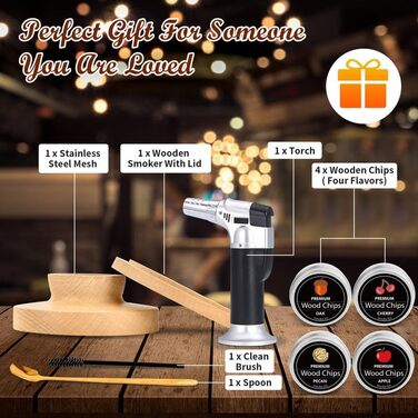 Набір для копчення віскі та коктейлів з факелом, 4 види копченої деревини, інфузор для коктейлів, подарунок для любителів віскі та коктейлів, чоловікам, батькові, чоловікові, керівнику