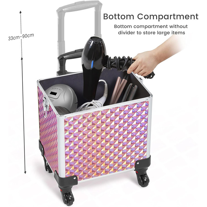 Косметичка-тролей Yaheetech 4-в-1, велика косметичка для макіяжу з замком, рожевий блискучий кейс для перукарів та візажистів з ящиком та колесами
