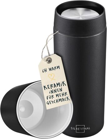 Термокружка SILBERTHAL 350 мл з нержавіючої сталі та керамікою – термокружка для кави з кришкою, що не протікає, чорного кольору – зберігає тепло до 6 годин та холод до 12 годин