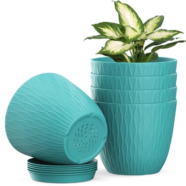 Набір горщиків для квітів з системою поливу (5 шт.), 17.8 см, з підставкою, для дому та балкону (темно-зелений)