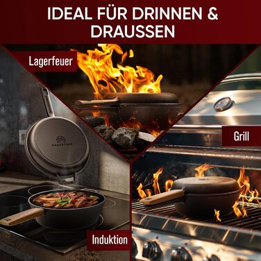 Нідерландський горщик 2в1 з чавуну 4.8л & сковорода з чавуну 1.8л - Набір нідерландського горщика з подвійною функцією - з кулінарною книгою та аксесуарами для барбекю, кемпінгу та кухні - 30 років гарантії (2в1 сковорода)