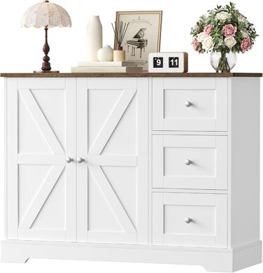 HOCSOK Комод-буфет з 3 шухлядами та 2 дверцятами, білий та коричневий, для кухні, вітальні, їдальні