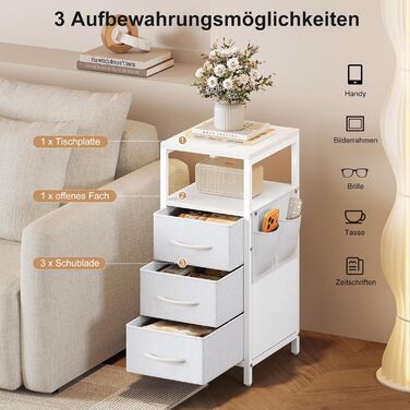 Нічний столик з підзарядкою та LED-підсвіткою, білий, 25x30x60 см, з 3 висувними ящиками, полицею та USB/Type-C портами