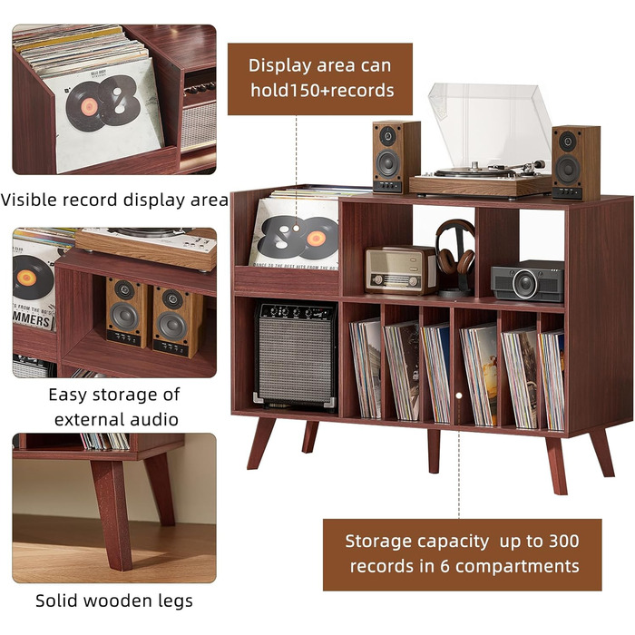 Стійка для платівок з полицею для зберігання, підставка для програвача, органайзер для вінілових платівок на 450 альбомів, полиця для музичної кімнати та вітальні (горіх)