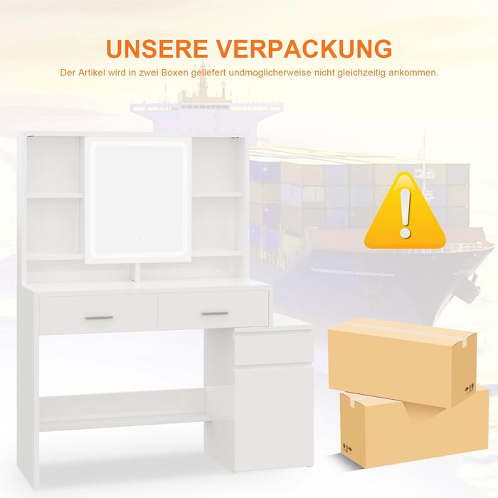 Дзеркальний туалетний столик JUMMICO з LED-підсвічуванням (3 режими яскравості, 3 колірні температури), великий комод з 6 відділеннями, 2 ящиками, бічною шафкою та полицею, 117x40x140 см, білий