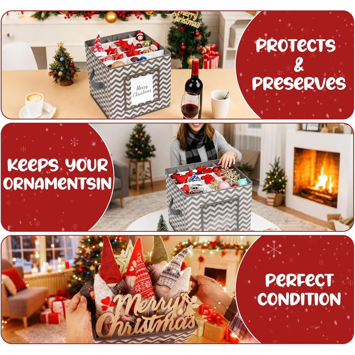 Коробка для зберігання прикрас на Новий рік, 166 відділень, з регульованими перегородками, кришкою та ручками, 31x31x30 см, червона, зі сніжинками, у білому кольорі (сіро-біла)