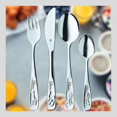 Дитячий набір столових приборів WMF Kinderbesteck з гравіюванням, нержавіюча сталь, 4 шт., придатний для миття в посудомийній машині, подарунок на хрещення, набір столових приборів для дітей від 3 років, з зображенням тварин