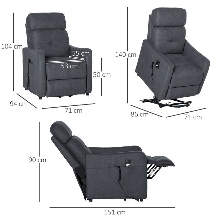 Крісло для телевізора HOMCOM Recliner з функцією відкидання та допоміжним засобом для стоянки, поліестерова тканина, сталь, сірий, 71 x 94 x 104 см для зручного сидіння
