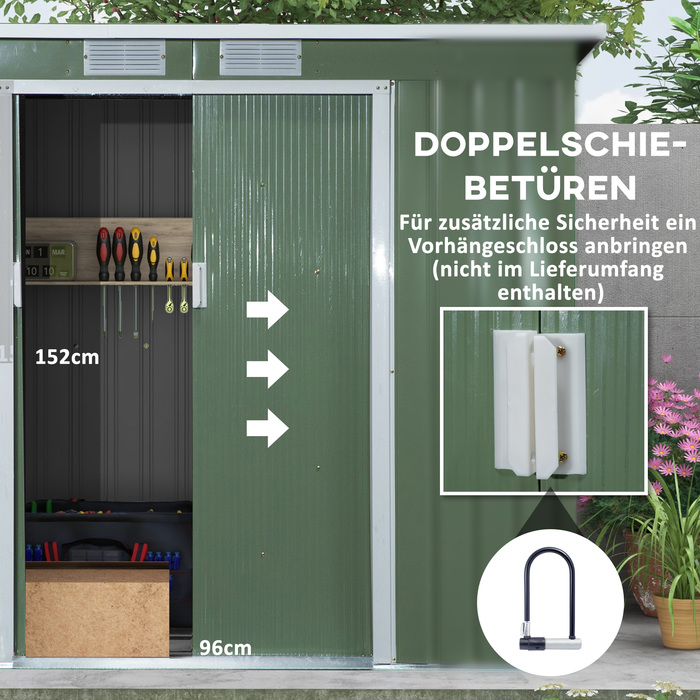 Outsunny Garden Shed 2,42 м², Садовий сарай з вентиляційним вікном, Розсувні двері, Фундамент, 213 x 130 x 159/172 см, Садовий сарай з оцинкованої сталі, Атмосферостійкий, Для саду, Зелений | Аосом