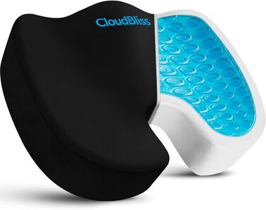 Подушка для офісного крісла CloudBliss з гелевим наповнювачем, піною з пам'яті та оксамитовим чохлом. Зменшує біль у сідниці, ішіасі та спині. Підходить для офісних крісел, автокрісел та інвалідних візків. Чорний колір, розмір X-Large
