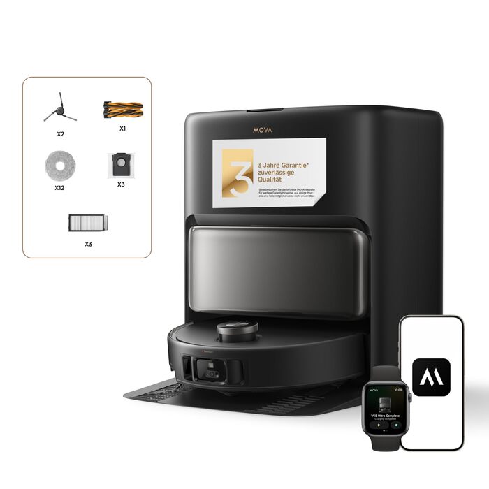 Робот-пилосос Mova V50 Ultra з функцією миття, 24000 Па, 6 см перешкода, навігація Liftable, RGB AI, LED, 80°C гаряча вода, 63°C сушка, DuoSolution, Tricut, чорний