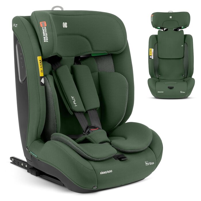 Автокрісло KikkaBoo i-Size i-FLIT 9-36 кг ISOFIX, група 1/2/3, 15 міс. - 12 років, з SPS та Top Tether, регульована підголовник, військовий зелений