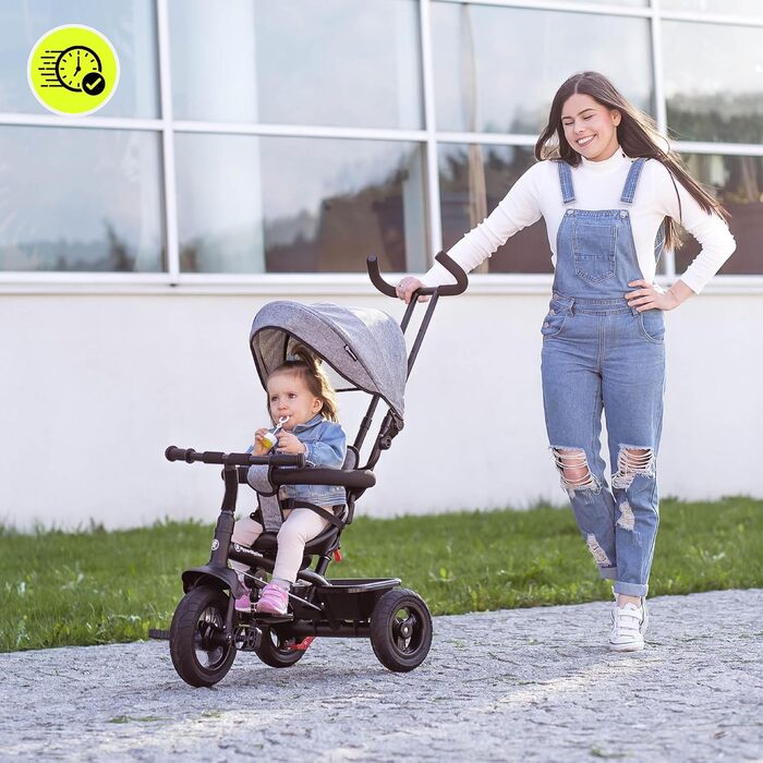 Триколісний велосипед HyperMotion з ручкою для батьків 3-в-1, сірий - для дітей від 1 до 4 років (до 20 кг)