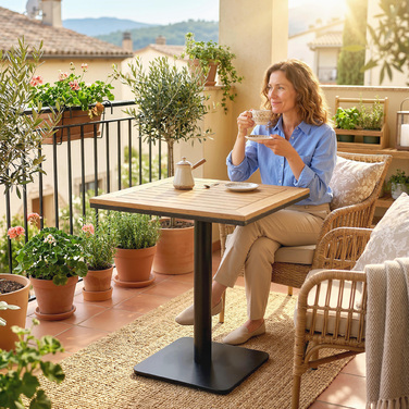 Садовий столик 70x70 см, стійкий до погодних умов, з імітацією дерева, широка основа, квадратний, з натурального дерева