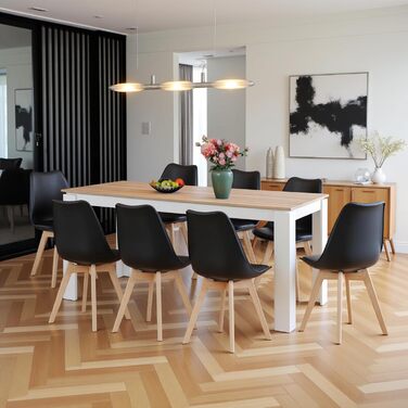 Обідній стіл з 6 стільцями, комплект для їдальні. Стіл прямокутний, 160 см, дуб/білий, 6 білих стільців. Підходить для вітальні, кухні, офісу.