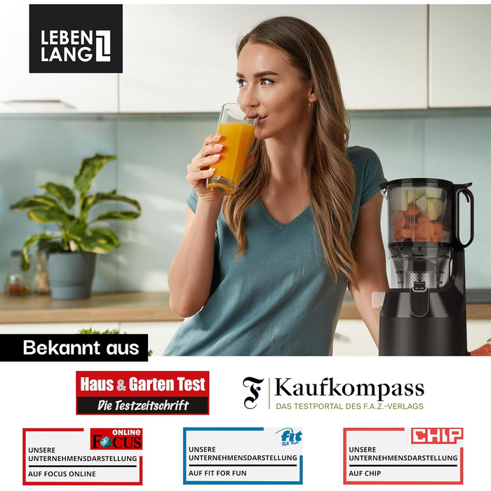 Електричний соковитискач LEBENLANG Slow Juicer з рецептами та великим соковидом 135 мм | Для фруктів, овочів, без BPA | Saftpresse | Green Press