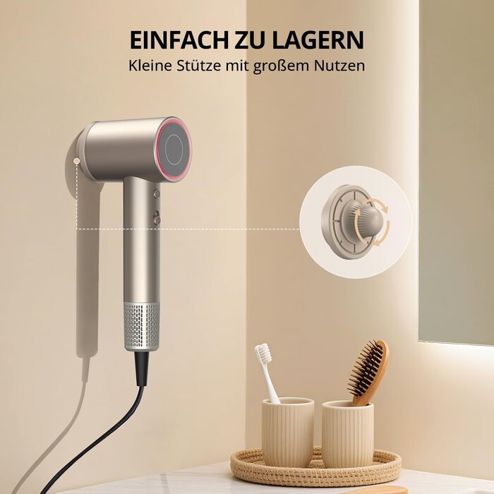 Іонний фен для волосся з безщіточковим двигуном 180 000 об/хв, компактний дорожній фен з 4 режимами температури та захистом від перегріву, колір Oro Champán