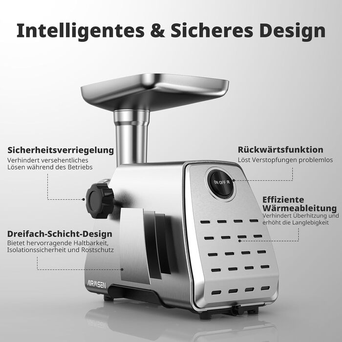 Електрична м'ясоподрібнювач AIRMSEN з насадкою для ковбас, 2 леза з нержавіючої сталі, 3 диски, аксесуар Куб, тихий промисловий двигун, для дому, нержавіюча сталь