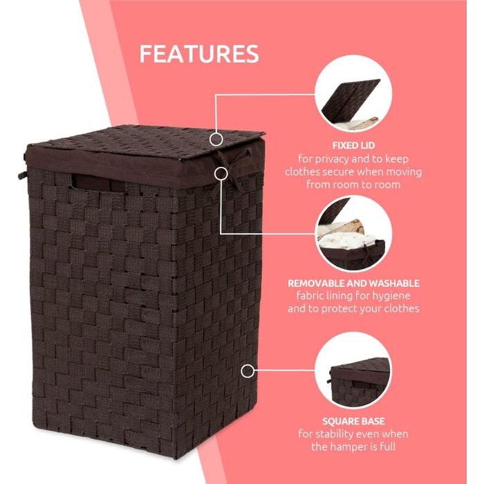 Кошик для білизни RAN6892 Stan з кришкою, ручками, плетіння з металевим каркасом, знімний вкладиш з льону, 30 x 30 x 50 см, Коричневий, Шоколадний, 30 x 30 x H.50 см