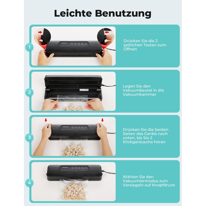 Вакууматор 5 в 1 для продуктів, вакуумний пакувальник з 10 пакетами та шлангом, пристрій для запаювання пакетів (шов 30 см)